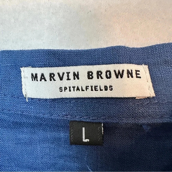 MARVIN BROWNE LONDON Spitalfields Navy Blue‎ Linen Shift Dress Pockets L - Picture 9 of 12